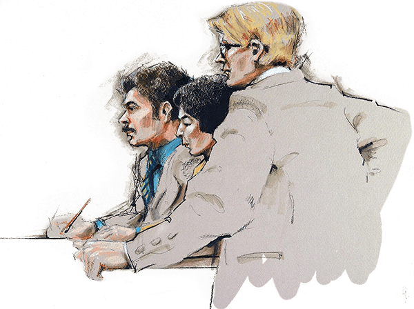 Sketch Of One Woman And Two Men In A Courtroom