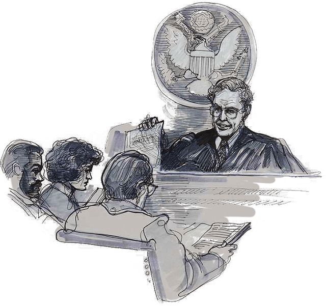 Sketch Of Judge Showing A Document To Three People In A Courtroom